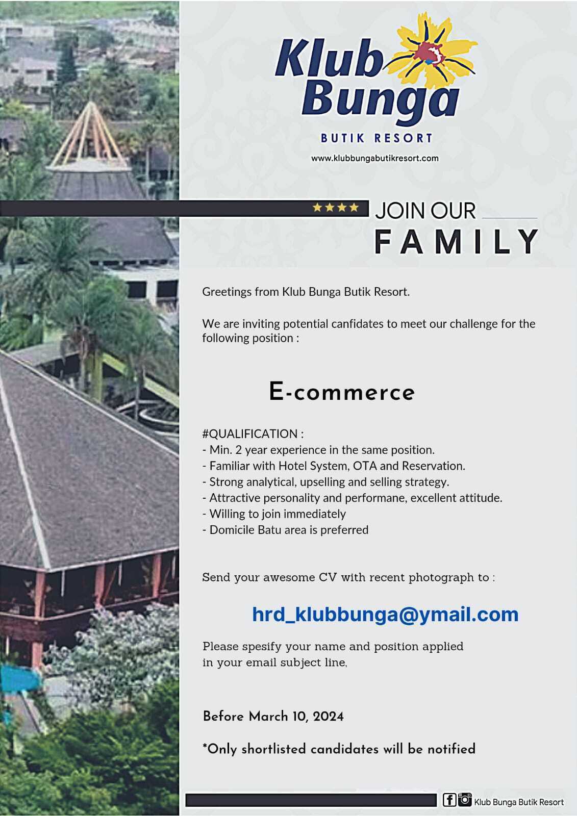 LOWONGAN PEKERJAAN ” Klub Bunga Butik Resort “
